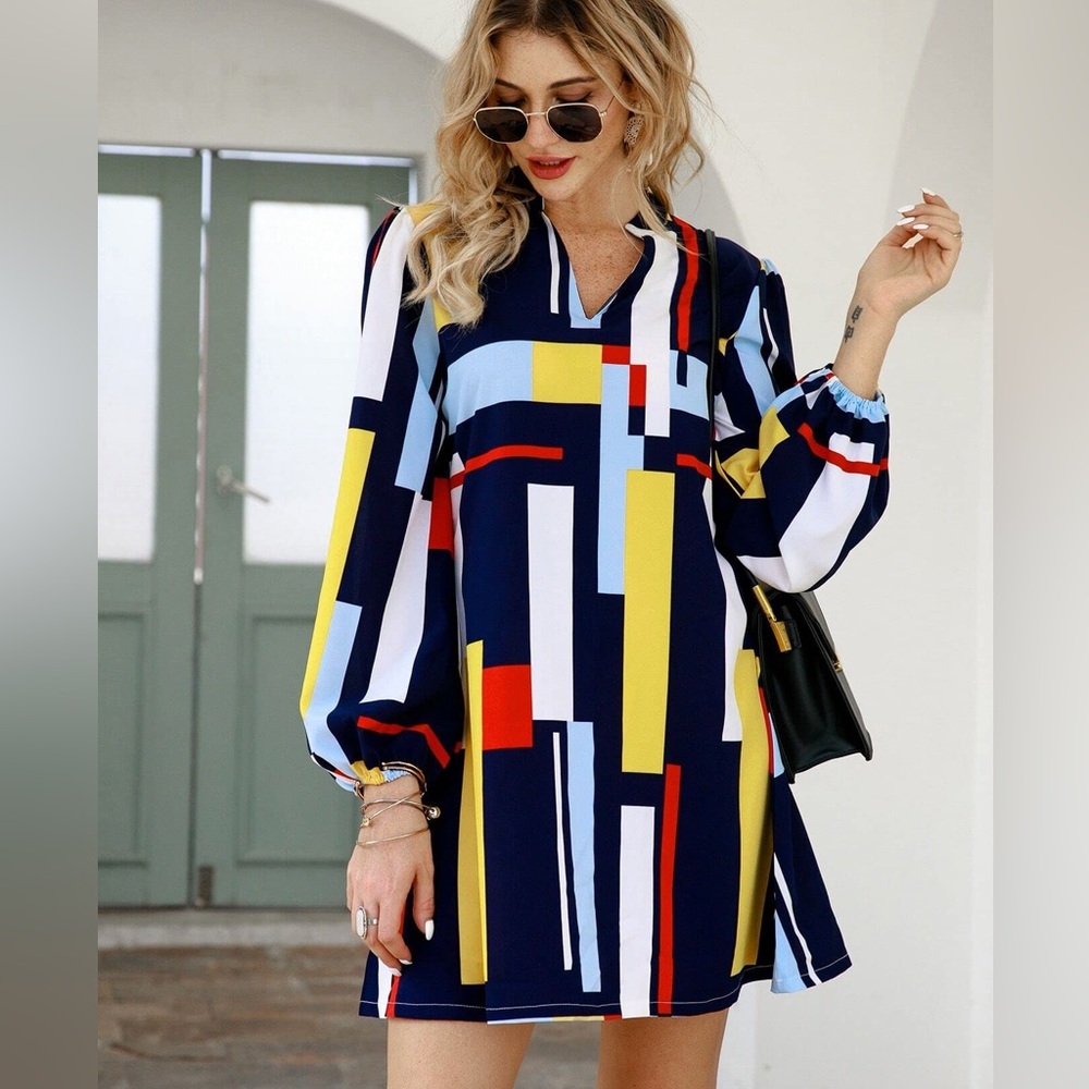 TLULY Dress for Women Geo Print Notch Neck Shirt Dress Size Large